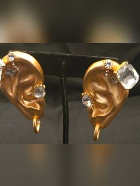 Schiaparelli Inspired Gold Sculptural Ear-Shaped Earrings Clear Crystal Accents